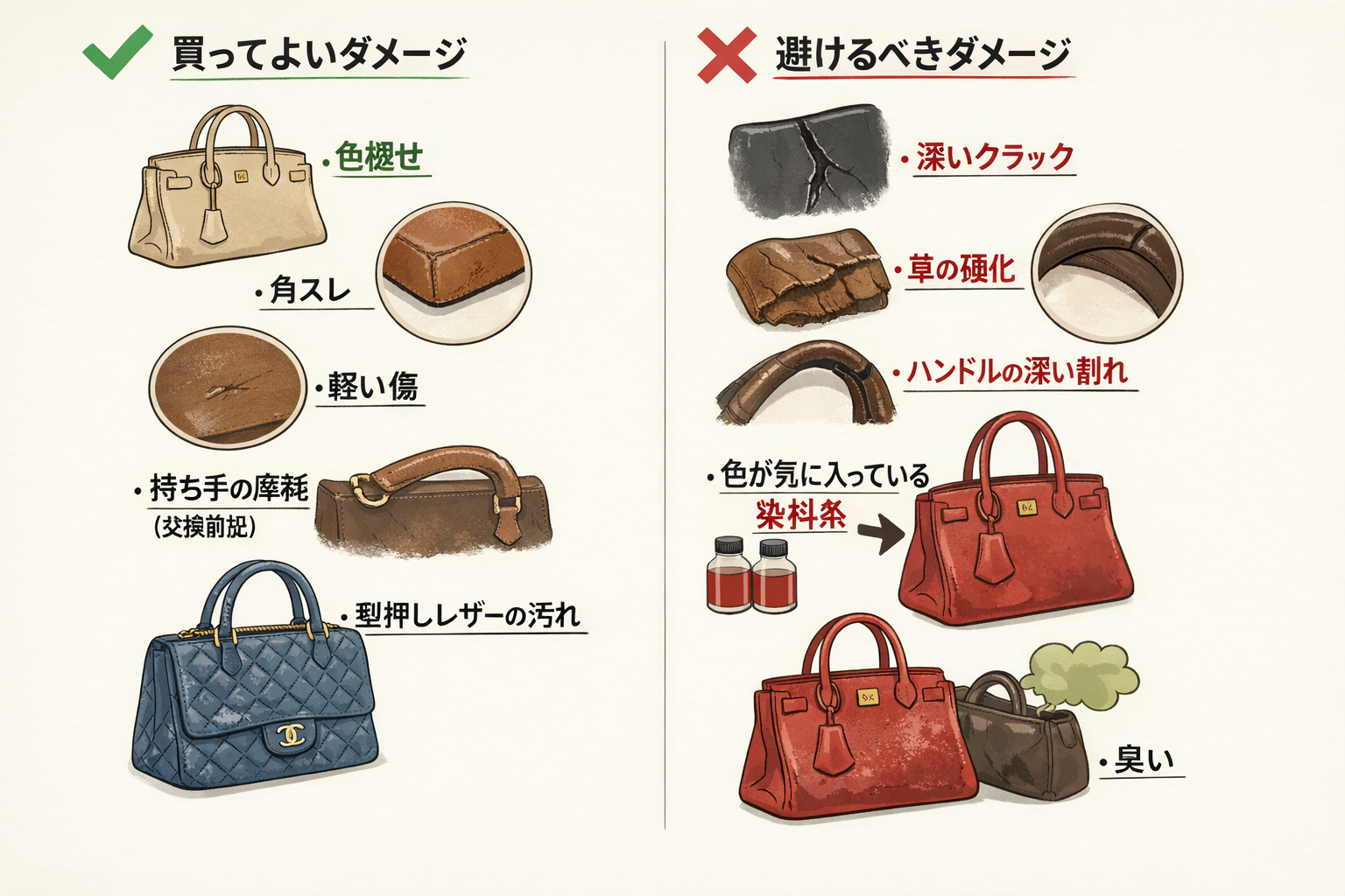 【保存版】中古エルメス・シャネル・ヴィトンはこう選べ!プロが教えるレザーの真価評価 バッグのダメージで判断