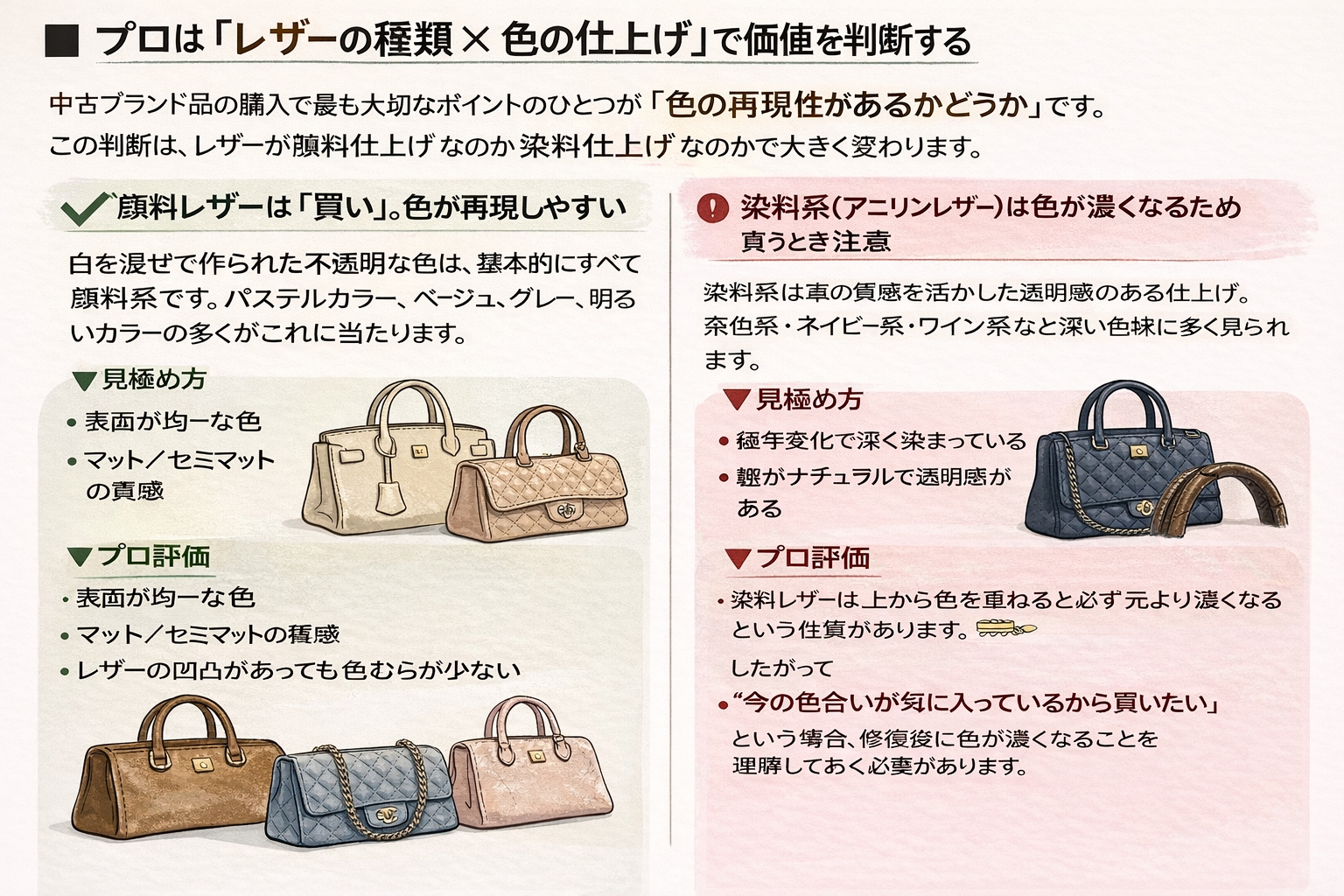 【保存版】中古エルメス・シャネル・ヴィトンはこう選べ!プロが教えるレザーの真価評価 「レザーの種類 × 色の仕上げ」で価値を判断する