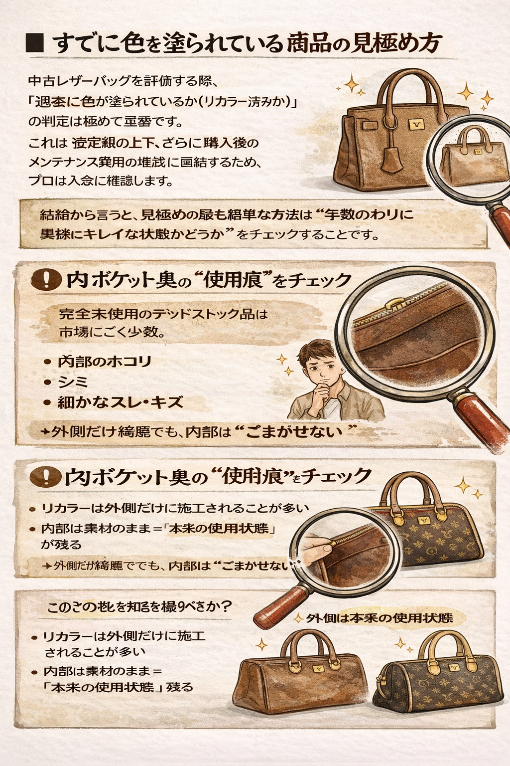【保存版】中古エルメス・シャネル・ヴィトンはこう選べ!プロが教えるレザーの真価評価 色褪せやシミが見られる中古レザーバッグの見極め方
