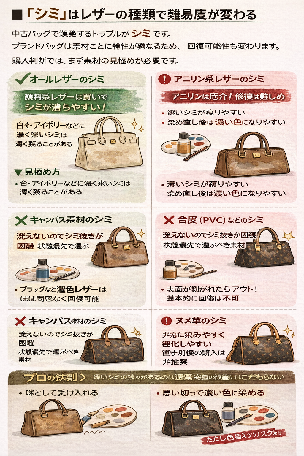 【保存版】中古エルメス・シャネル・ヴィトンはこう選べ!プロが教えるレザーの真価評価 バッグのレザー別シミの取り扱いガイド