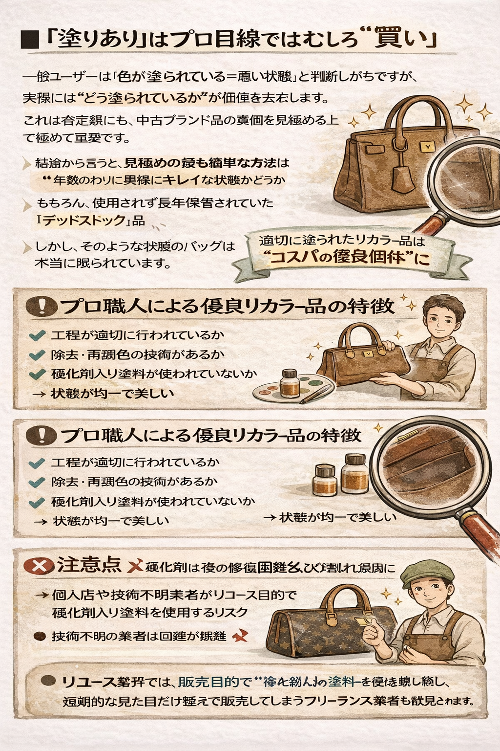 【保存版】中古エルメス・シャネル・ヴィトンはこう選べ!プロが教えるレザーの真価評価 プロ目線のリカラー(染め直し)品の価値